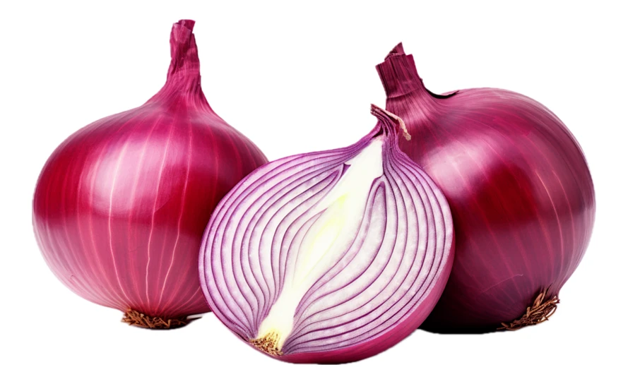 Fresh whole and halved red onions isolated on white