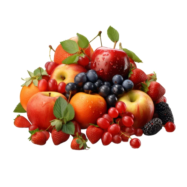Fresh assortment of fruits and berries on a white background