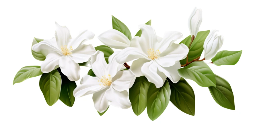 White jasmine flowers with green leaves isolated on white background