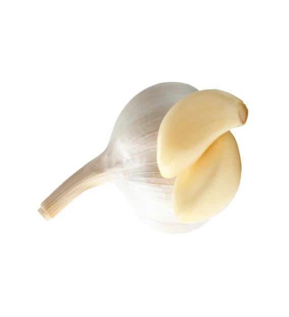 Garlic bulb and peeled cloves isolated on white background