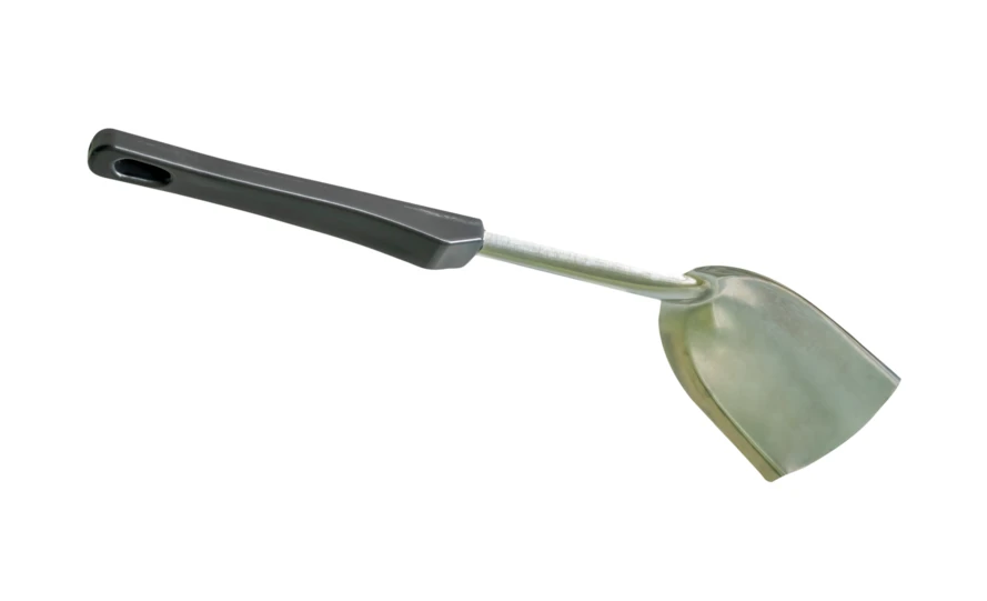 Stainless steel wok spatula with black handle isolated