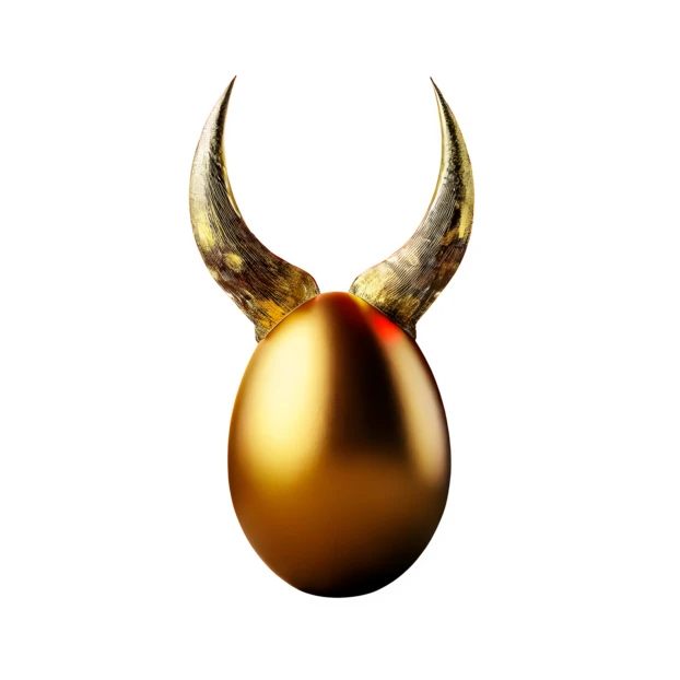 Golden egg with devil horns isolated on white background
