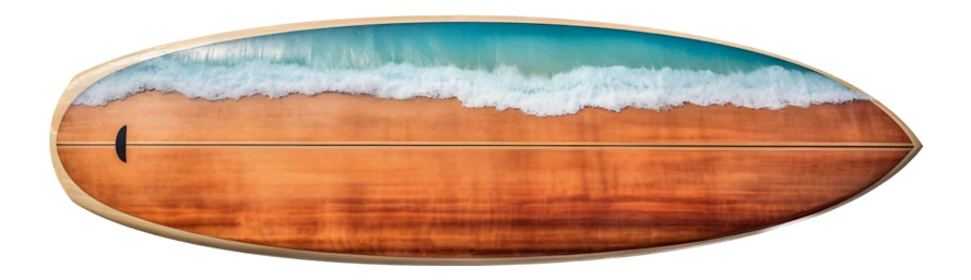 Handcrafted wooden surfboard with resin ocean wave art