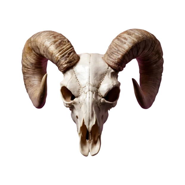 Ram skull with large curved horns isolated on white background