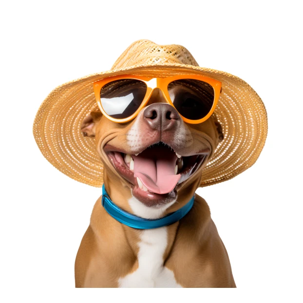 Happy dog wearing sunglasses and straw hat on white background