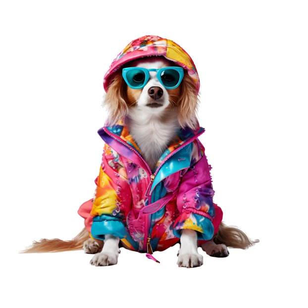 Dog wearing a colorful patterned jacket and blue sunglasses