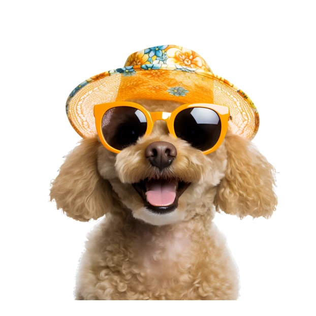 Happy dog wearing sunglasses and floral sun hat