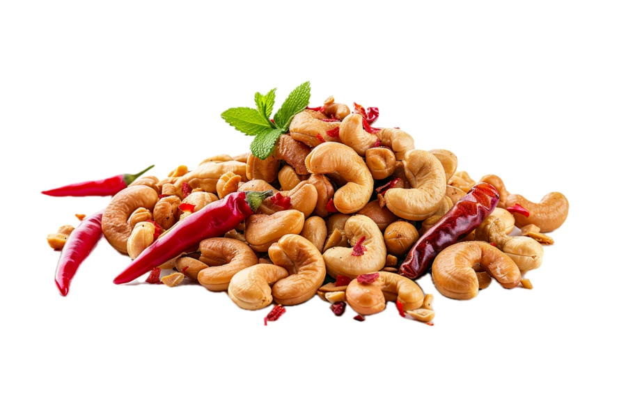 Spicy roasted cashews with red chili peppers and mint