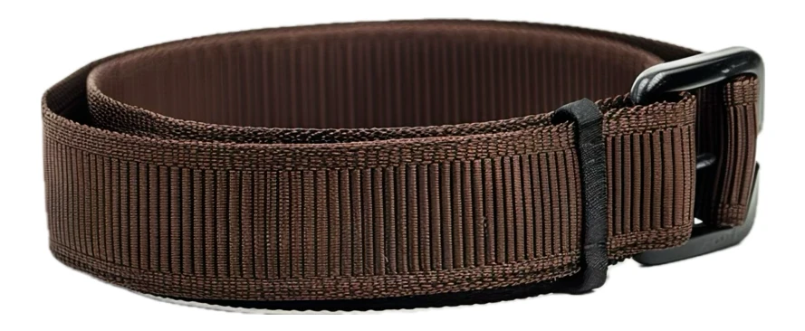 Brown tactical nylon webbing belt isolated on white background