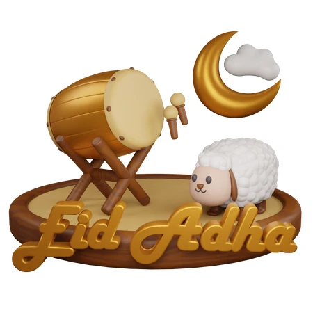 3D Eid Adha illustration with sheep, drum, and crescent moon
