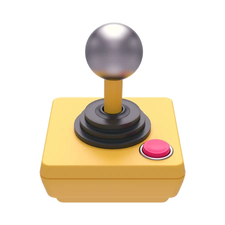 Retro yellow game joystick with red button 3D illustration