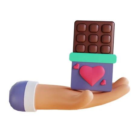 3D cartoon hand holding a heart decorated chocolate bar