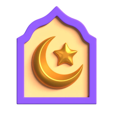 3D crescent moon and star icon inside a mosque arch