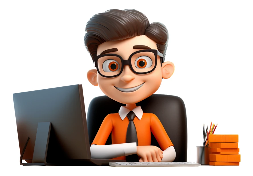 Smiling 3D cartoon male office worker at his desk