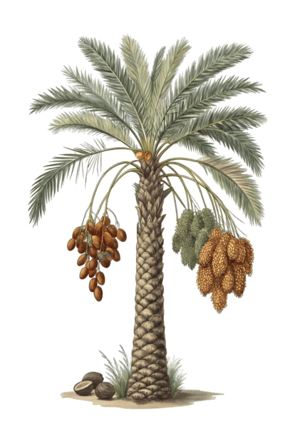 Botanical illustration of a date palm tree with fruit