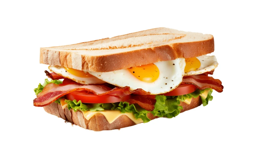 Bacon and egg breakfast sandwich isolated on white