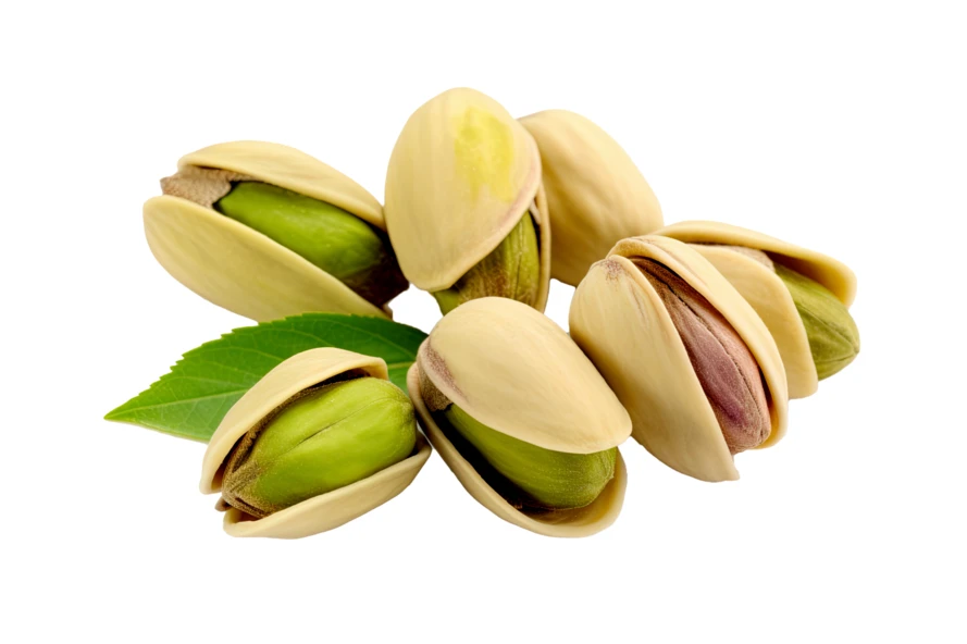 Group of roasted pistachio nuts isolated on white background