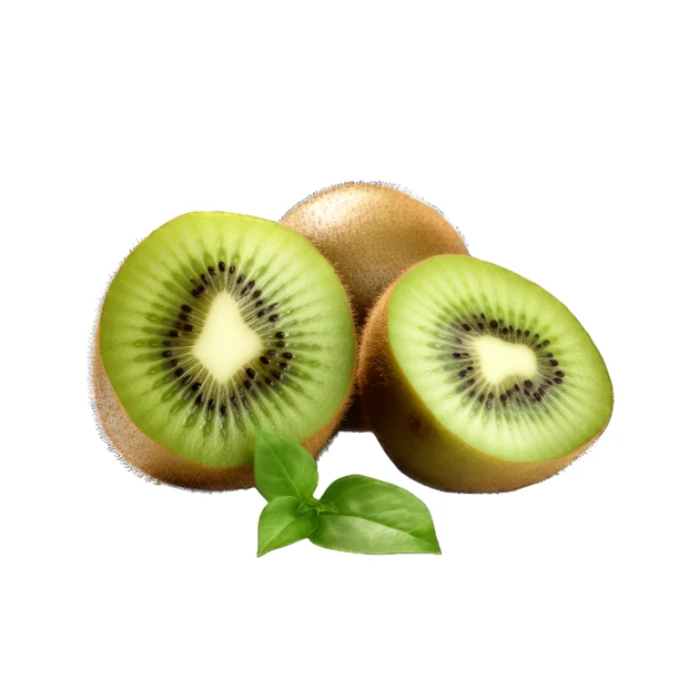 Fresh sliced kiwi fruit with green leaves on white background