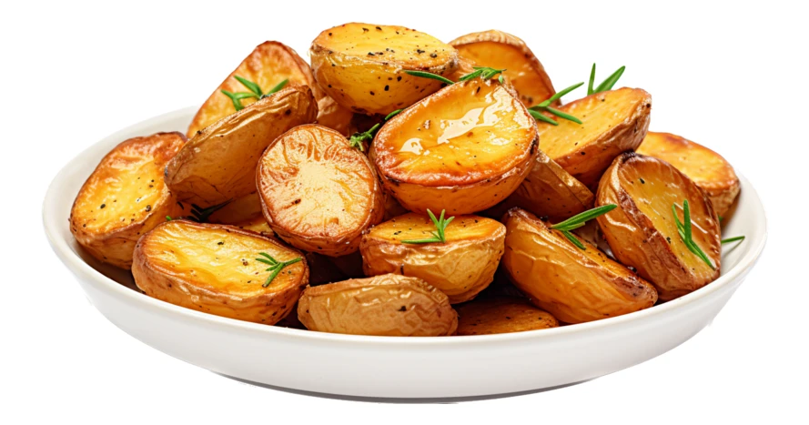 Bowl of golden roasted potatoes with herbs isolated on white