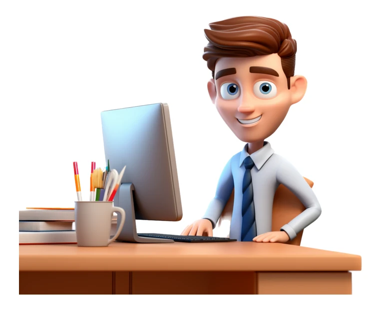 3D cartoon businessman sitting at office desk with computer