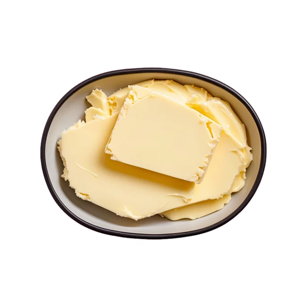 Fresh block of butter in a dish isolated on white