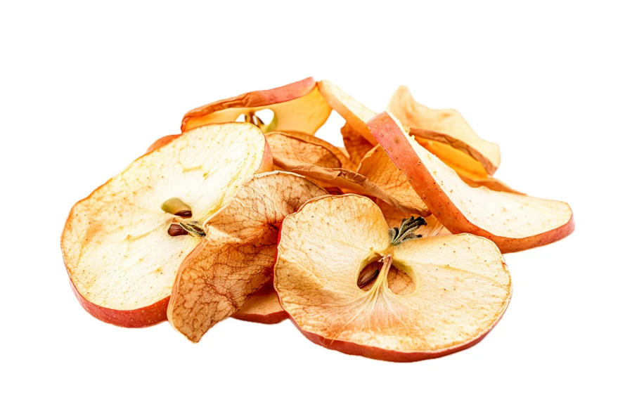 Pile of dried red apple slices isolated on white background