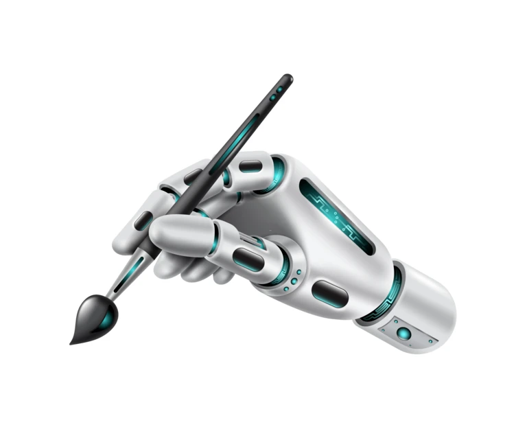 Futuristic robotic hand holding an artist's paintbrush