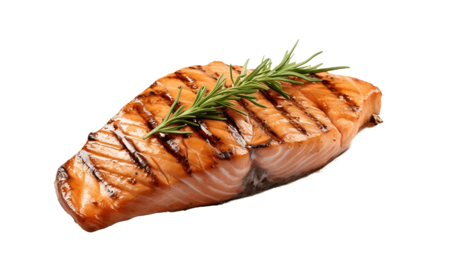 Grilled salmon fillet with rosemary isolated on white background