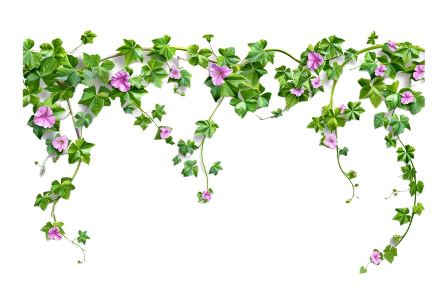 Climbing green vine with pink flowers isolated on white