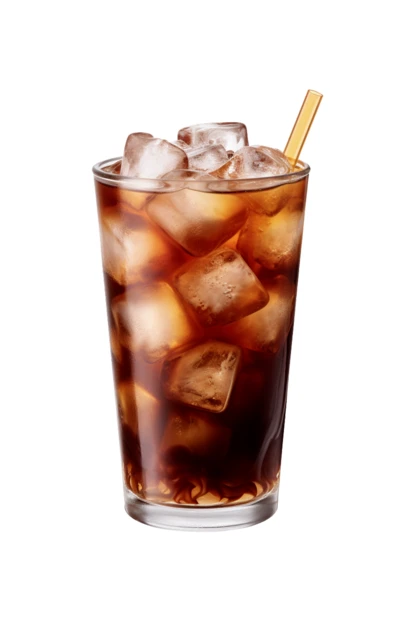 Refreshing iced coffee with ice cubes on white background