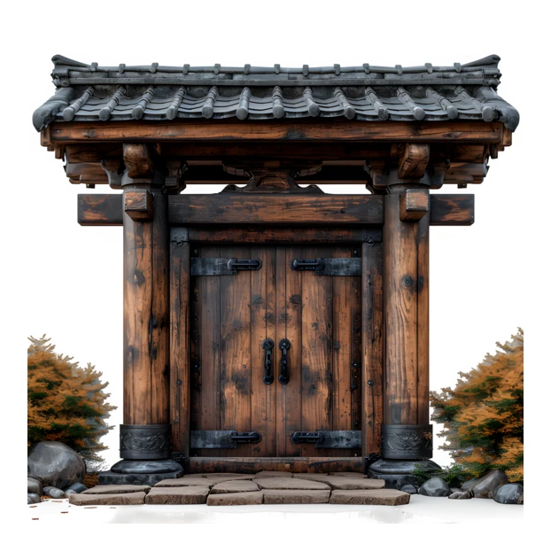Traditional antique Asian wooden gate isolated on white background