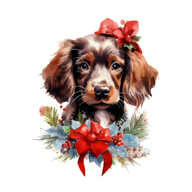 Watercolor spaniel puppy with Christmas bows and winter greenery