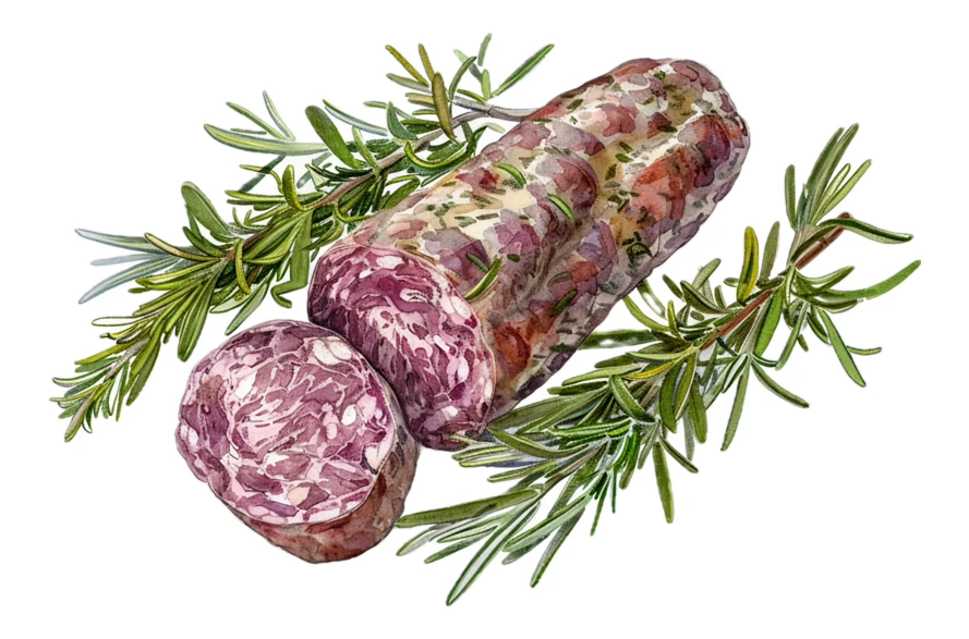 Watercolor illustration of salami sausage with fresh rosemary sprigs