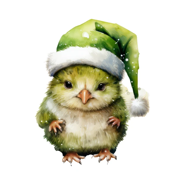 Cute bird wearing a green Christmas hat watercolor illustration