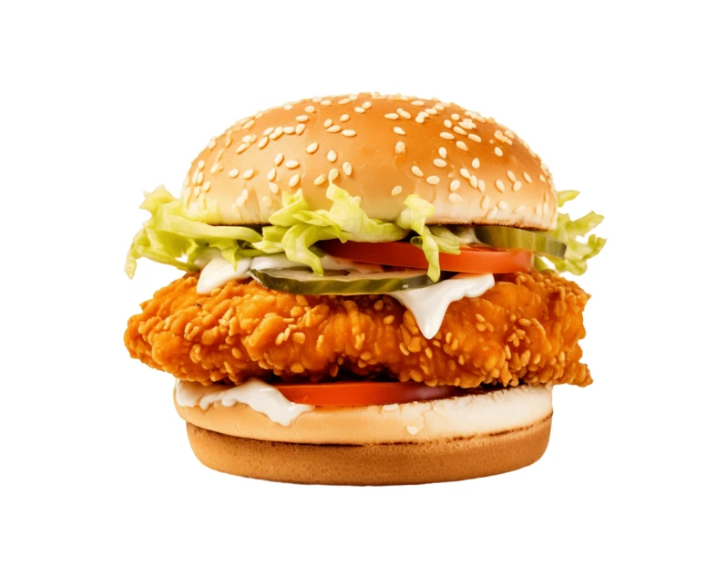 Crispy fried chicken burger with lettuce isolated on white