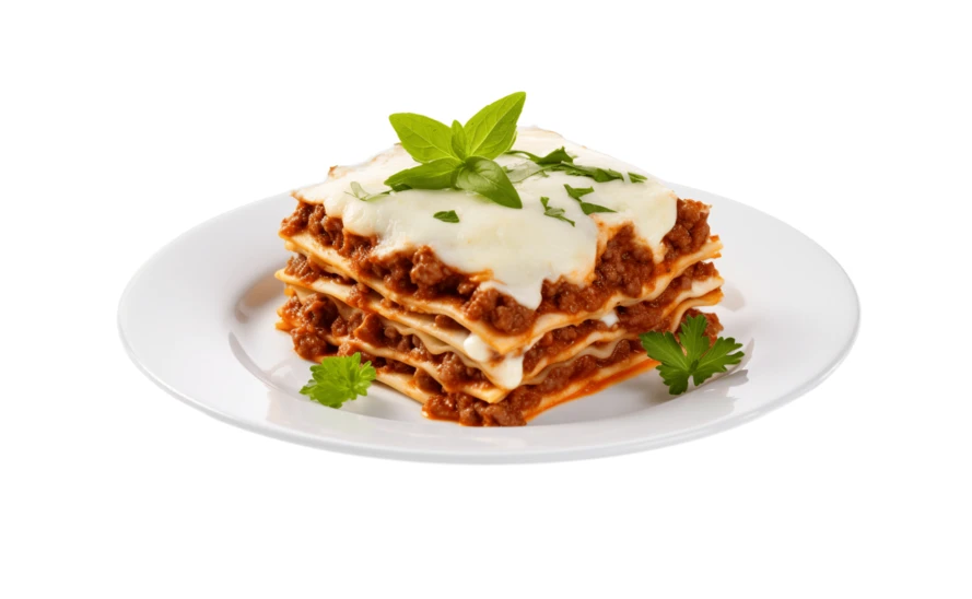 Portion of meat lasagna with bechamel sauce and basil