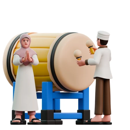 A woman praying near a large traditional drum