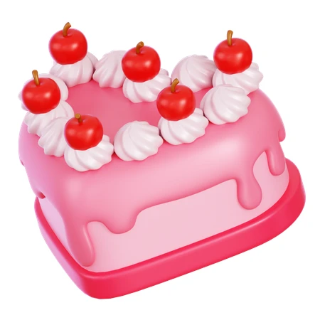 3D render of a pink heart-shaped cake with cherries