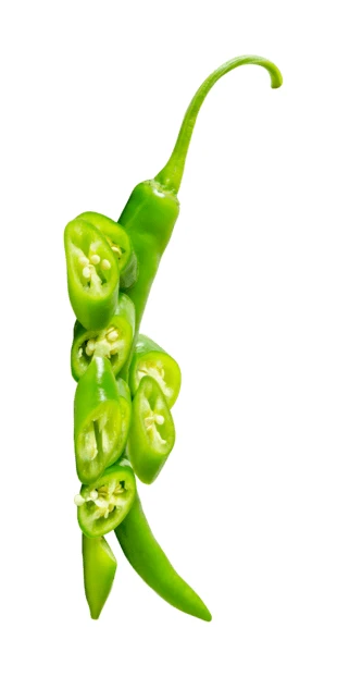 Fresh green chili pepper and slices isolated on white