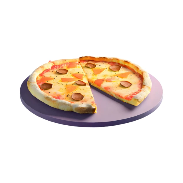 Freshly baked pizza with salami on a purple board