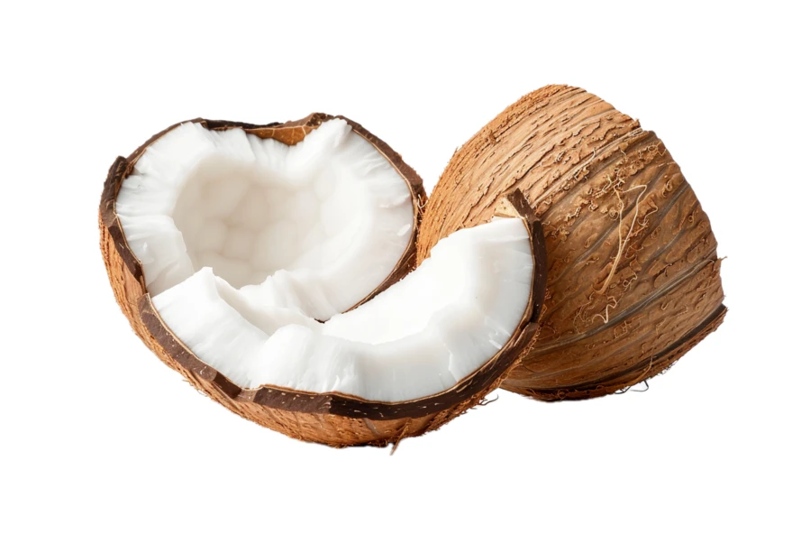 Cracked open coconut with white flesh on white background