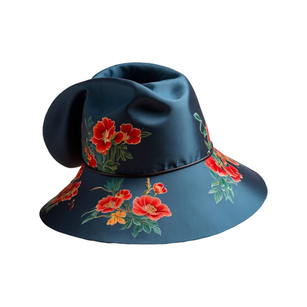 Elegant blue wide-brimmed sun hat with red floral embroidery