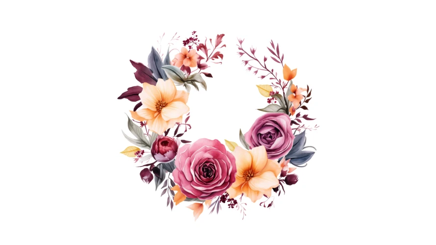 Watercolor floral wreath with pink roses on white background