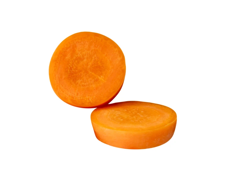 Two fresh carrot slices isolated on a white background