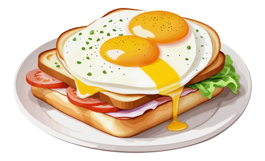 Breakfast sandwich with two fried eggs on a plate