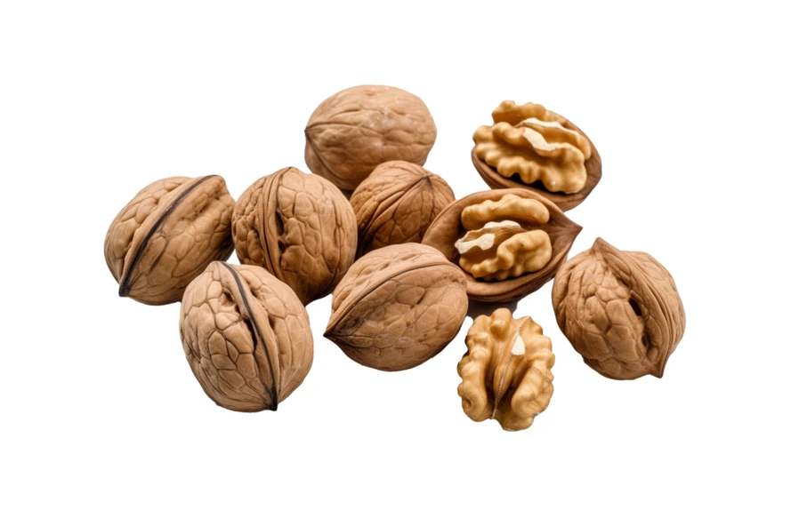 Whole and cracked walnuts isolated on white background