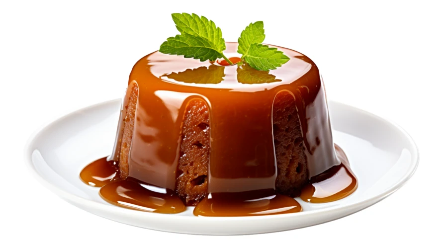 Sticky toffee pudding with caramel sauce and mint leaf