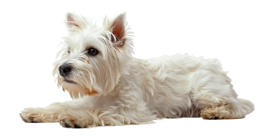 West Highland White Terrier puppy lying on white background