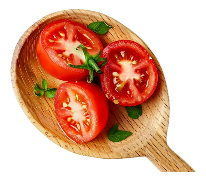 Fresh sliced tomatoes and basil leaves in a wooden spoon