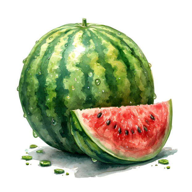 Watercolor illustration of a fresh watermelon and a slice